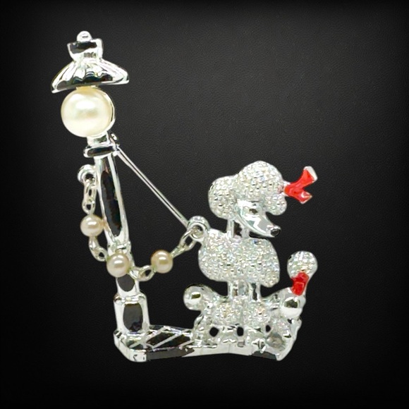 Vintage Faux Pearl & Enamel French Poodle & Light Post Brooch - Picture 3 of 7